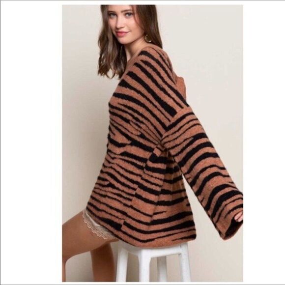 zebra Print V- Neck Sweater with Back Ties - Picture 2 of 9